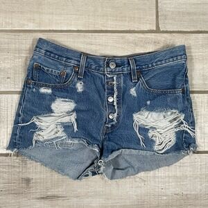 Levi's 501 Shorts Womens 28 Blue Denim High Rise Distressed Raw Hem‎ Button Fly